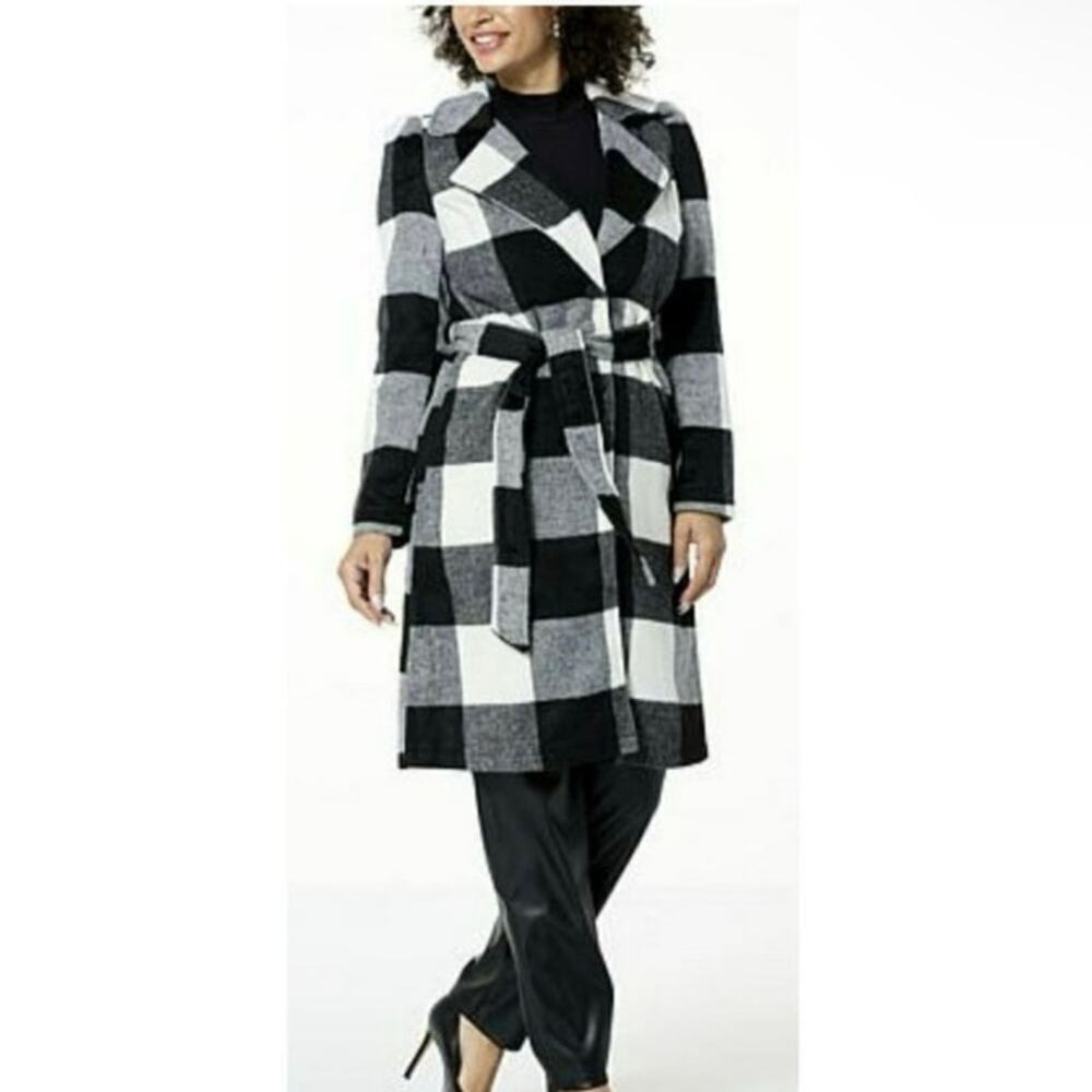 G by Giuliana Black Label Buffalo Plaid Belted Wool Blend Duster Trench Coat Lrg